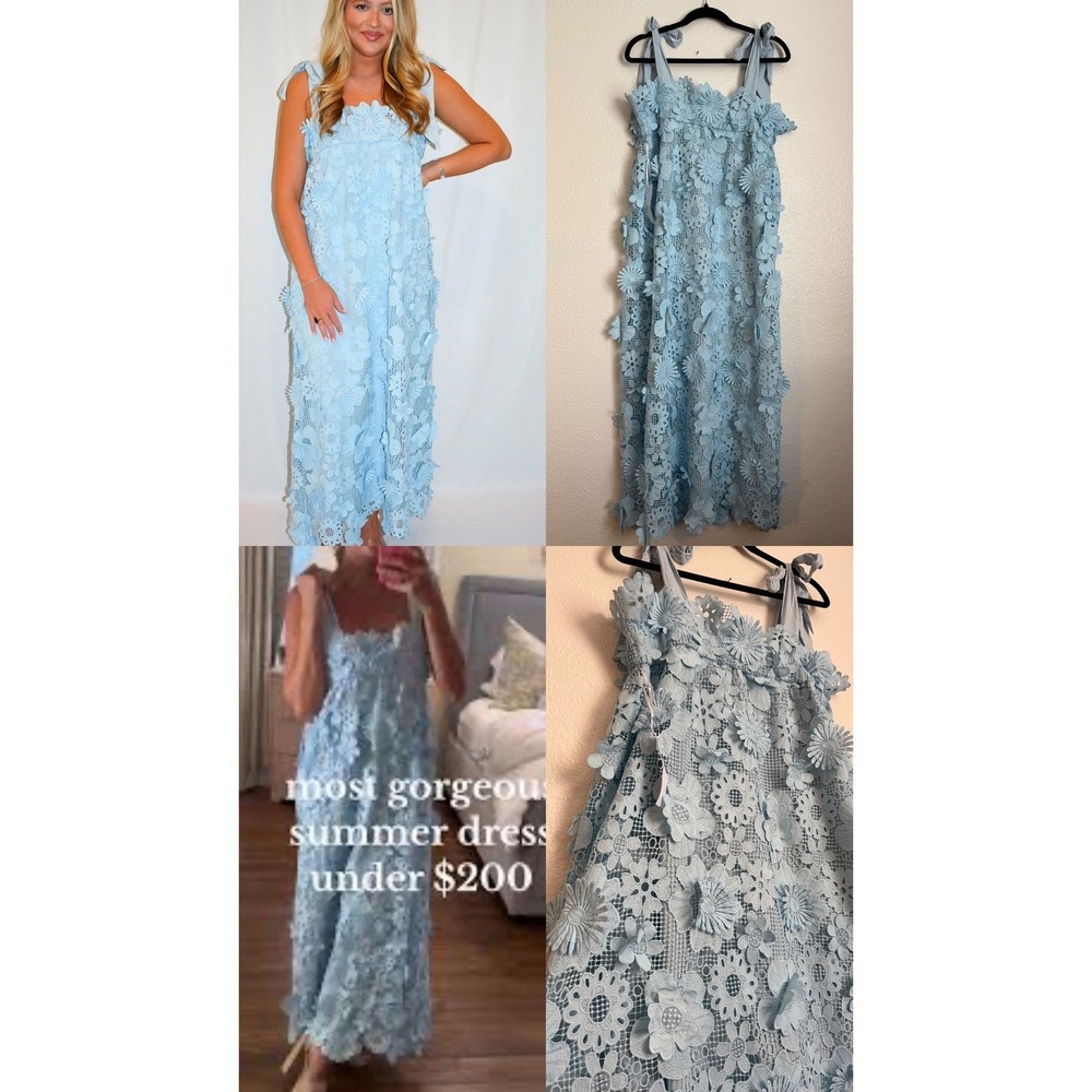 J. Marie Light Blue 3D Floral Lace Midi Dress Tie Shoulder Wedding Guest Prom M